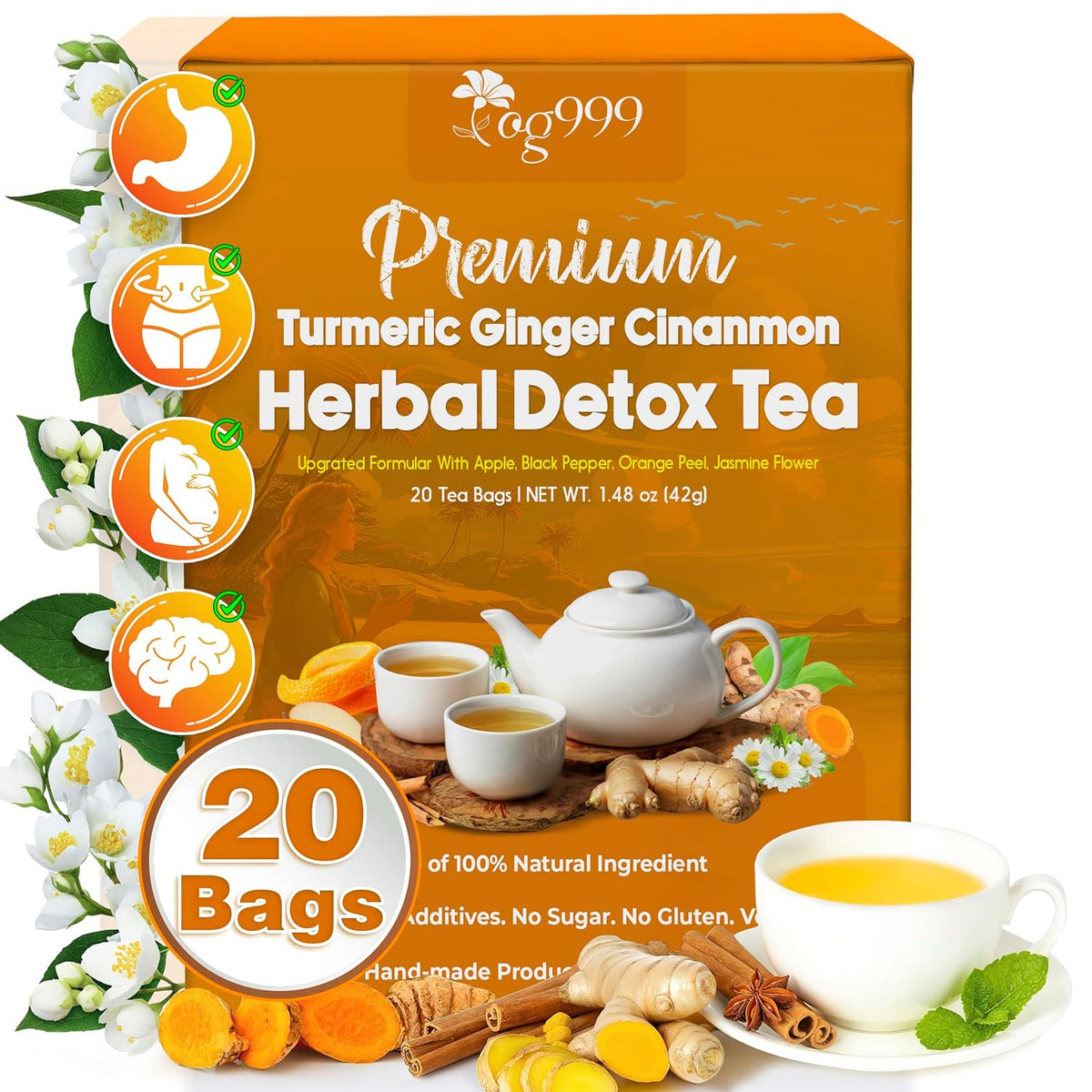 Premium Ginger, Turmeric and Cinnamon, Handmade Blend of Ginger, Turmeric, Cinnamon, Orange Peel, Black Pepper, Hawthorn Berry and Jasmine