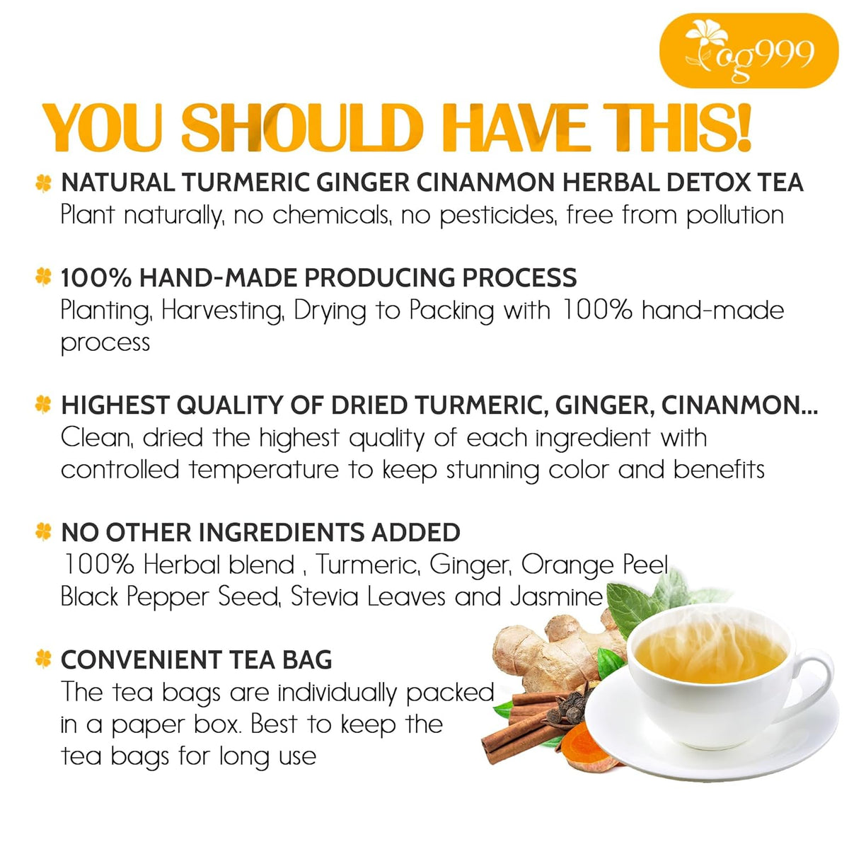Premium Ginger, Turmeric and Cinnamon, Handmade Blend of Ginger, Turmeric, Cinnamon, Orange Peel, Black Pepper, Hawthorn Berry and Jasmine