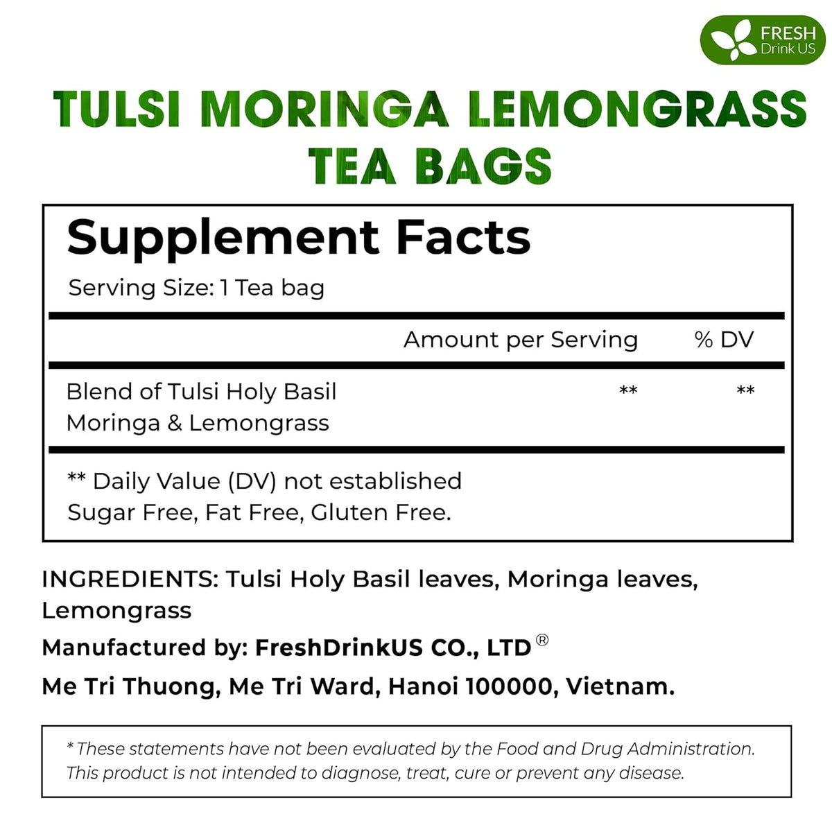 Premium Tulsi Moringa Lemongrass Tea Bags, 100% Natural & Pure from Tulsi Holy Basil Leaves, Moringa & Lemongrass