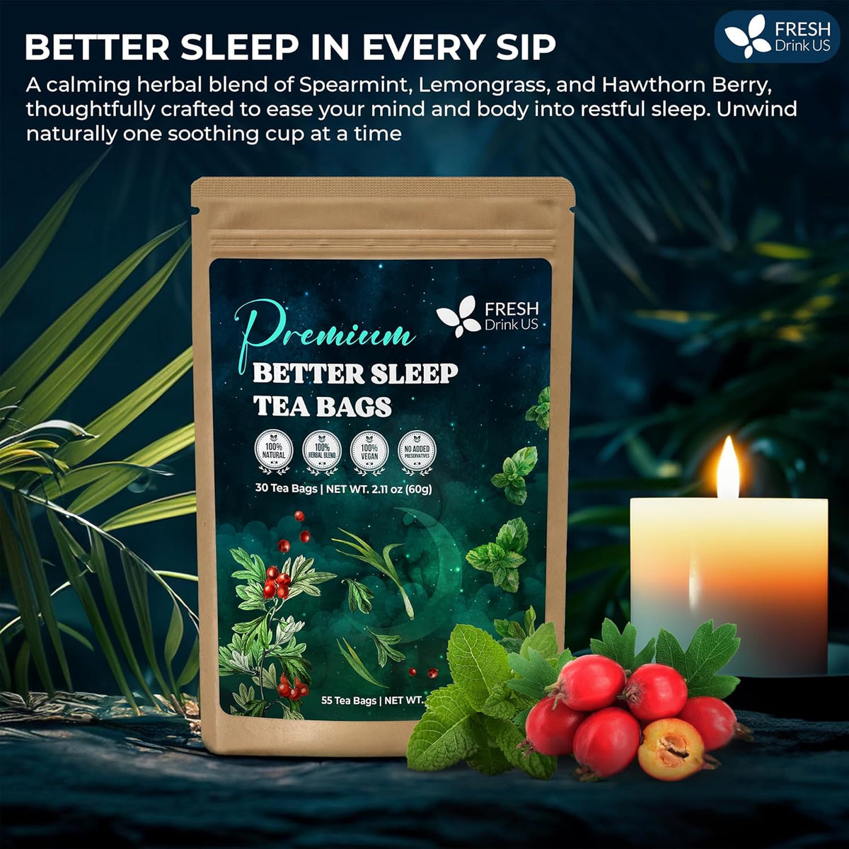 Premium Better Sleep Herbal Tea | Special Herbal Sleep Tea, Caffeine-Free Loose Leaf Blend with Spearmint Leaves, Lemongrass Leaves, and Hawthorn Berry – Naturally Refreshing and Aromatic