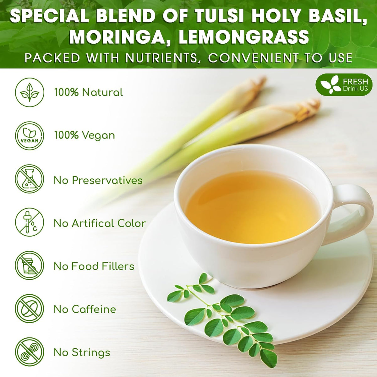 Premium Tulsi Moringa Lemongrass Tea Bags, 100% Natural & Pure from Tulsi Holy Basil Leaves, Moringa & Lemongrass