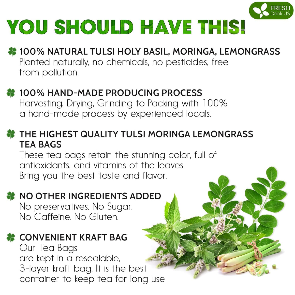 Premium Tulsi Moringa Lemongrass Tea Bags, 100% Natural & Pure from Tulsi Holy Basil Leaves, Moringa & Lemongrass