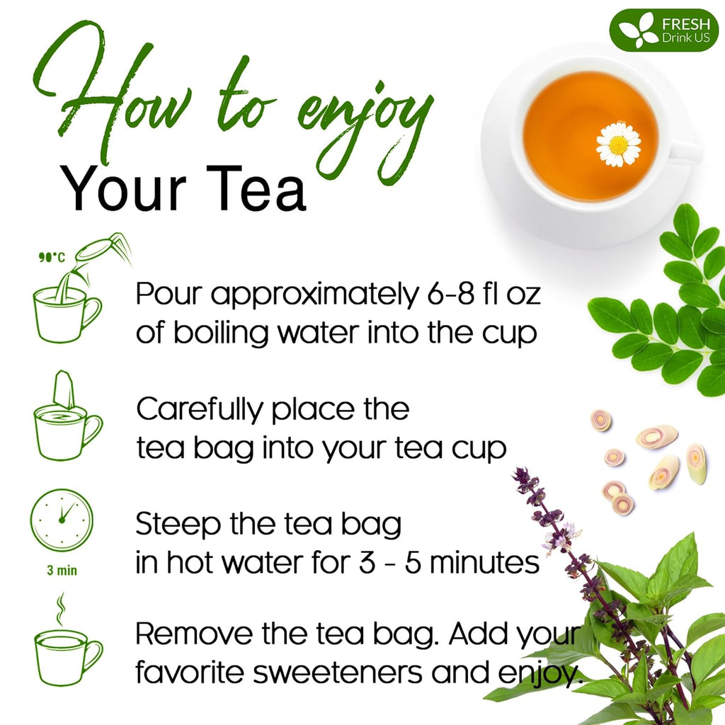 Premium Tulsi Moringa Lemongrass Tea Bags, 100% Natural & Pure from Tulsi Holy Basil Leaves, Moringa & Lemongrass
