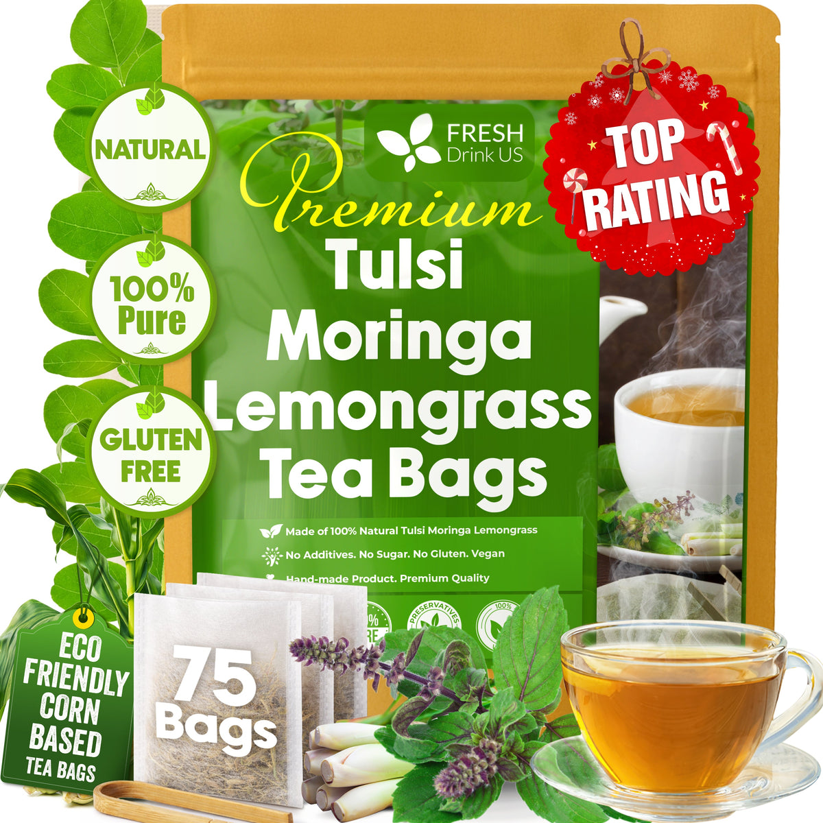 Premium Tulsi Moringa Lemongrass Tea Bags, 100% Natural & Pure from Tulsi Holy Basil Leaves, Moringa & Lemongrass